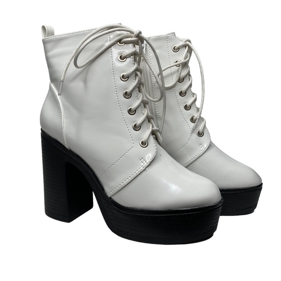 ALLEGRA K White Patent Leather Platform Lace Up Chunky Heel Combat Boots, 7.5 - Picture 4 of 13